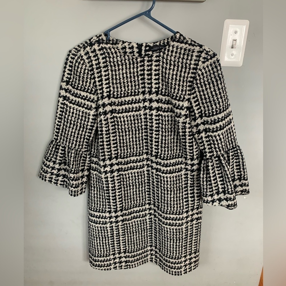 Zara Plaid Houndstooth Ruffle Sleeve Dress